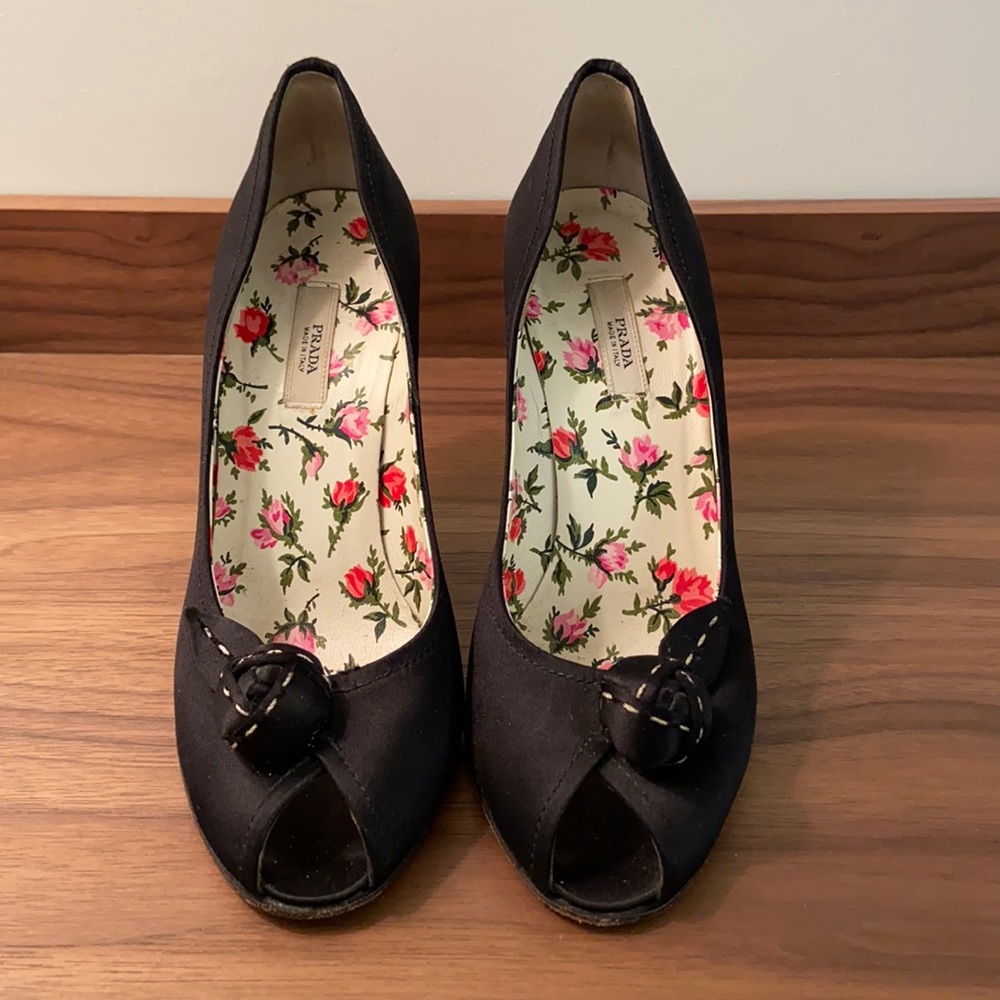 Prada satin peep toe heels